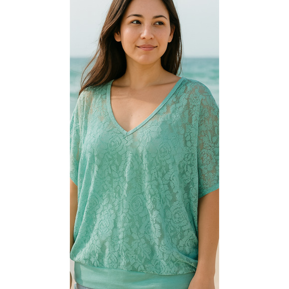 Wet Seal Sheer Blouse Womens Large Green Dolman Sleeves Lightweight Beachy - Picture 1 of 11